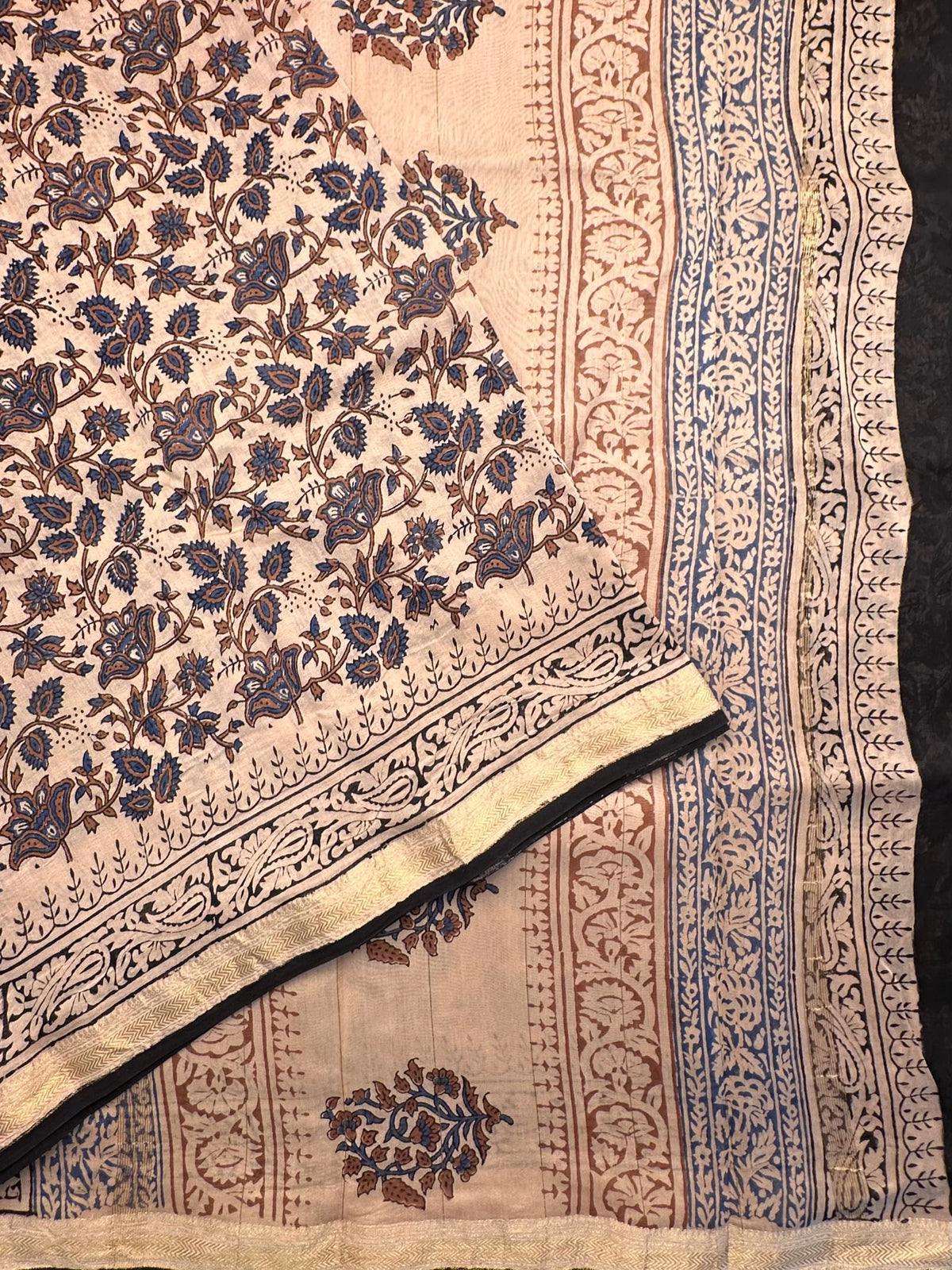 Beige-Blue Chanderi Saree with Hand Block Print