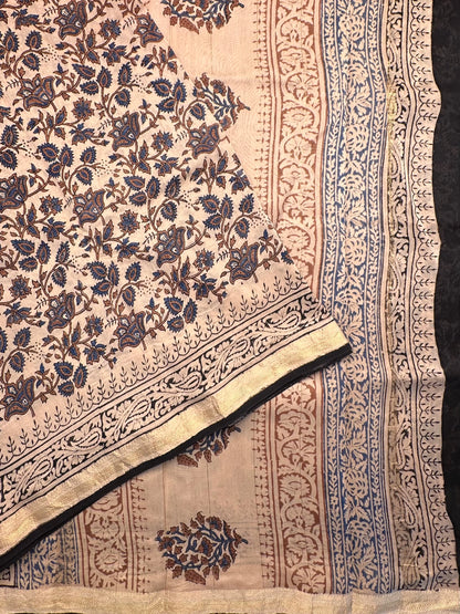Beige-Blue Chanderi Saree with Hand Block Print
