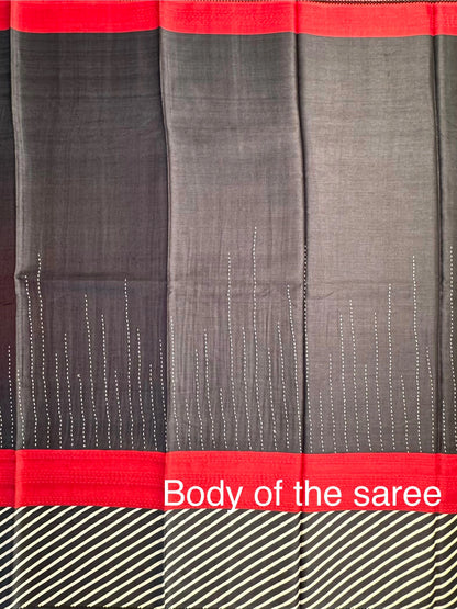 Black-White-Red Pure Tussar Silk Saree