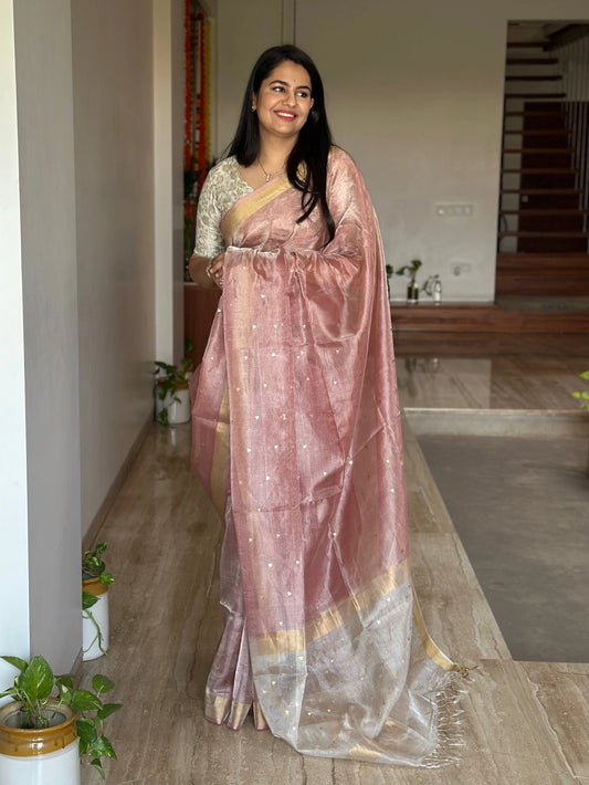 Dusky Pink-Silver Pure Tissue Silk Saree