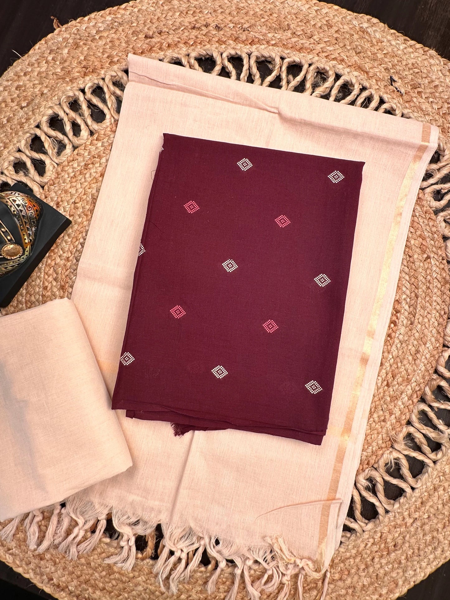 Maroon-Beige South Cotton 3-Piece Suit