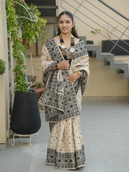 Beige Pure Tussar Silk Saree With Embroidery