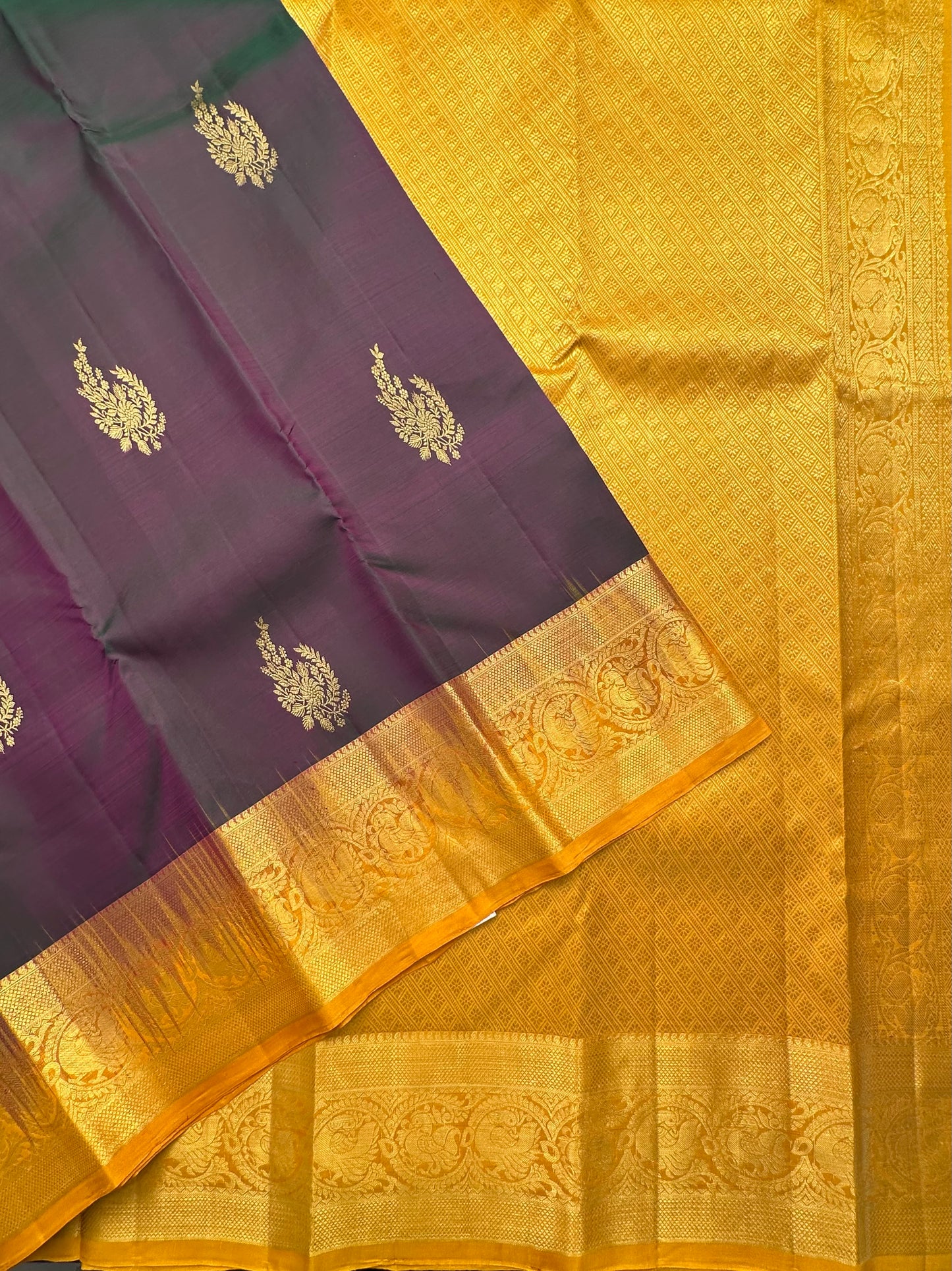 Peacock Blue-Mustard Handloom Kanjivaram Pure Silk Saree