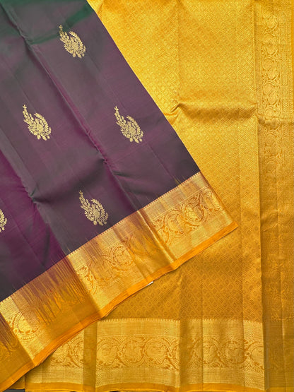 Peacock Blue-Mustard Handloom Kanjivaram Pure Silk Saree