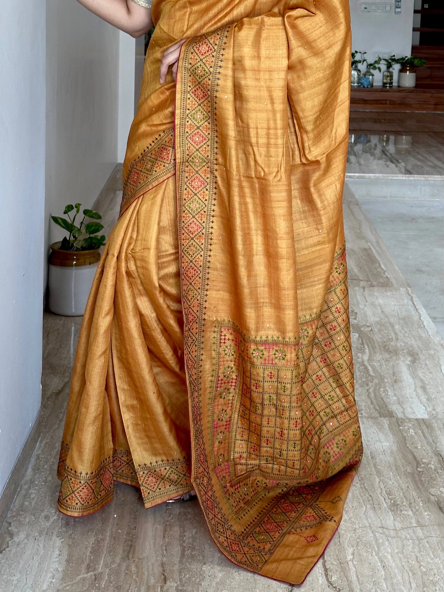 Mustard Pure Tussar Silk Saree With Embroidery