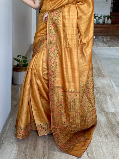 Mustard Pure Tussar Silk Saree With Embroidery
