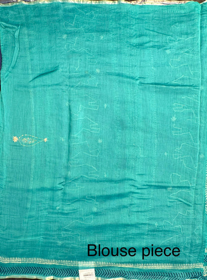 Blue-Sea Green Block Print Chanderi Saree With Kaantha Stitch