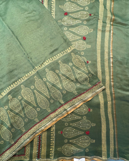 Mustard-Green Block Print Chanderi Saree With Kaantha Stitch
