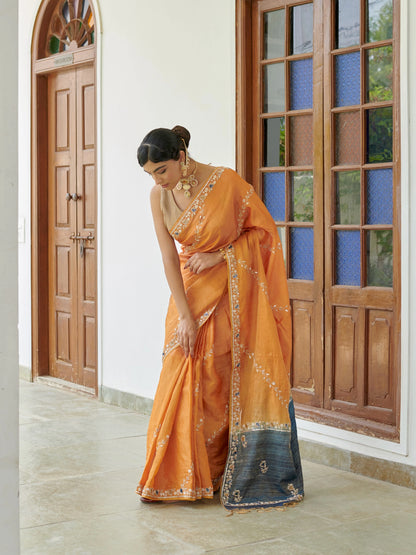 Mustard Tissue Saree With Zari Work Jaal