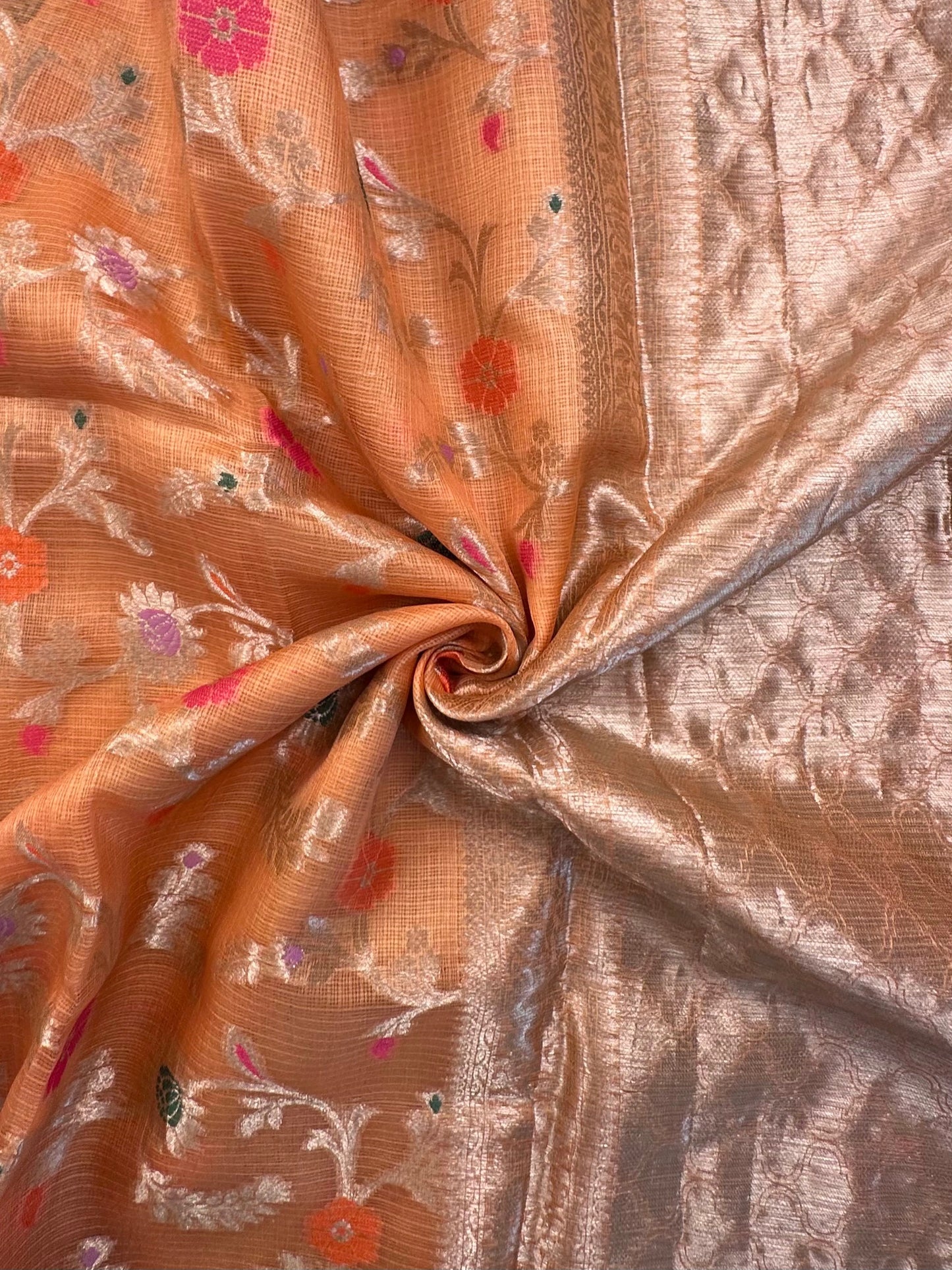 Peach Pure Kota Doria Silk Saree