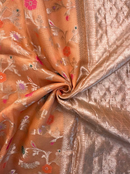 Peach Pure Kota Doria Silk Saree