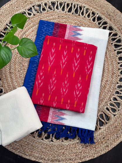Red-Off White  Ikkat Handloom Cotton Unstitched 3-Piece Suit