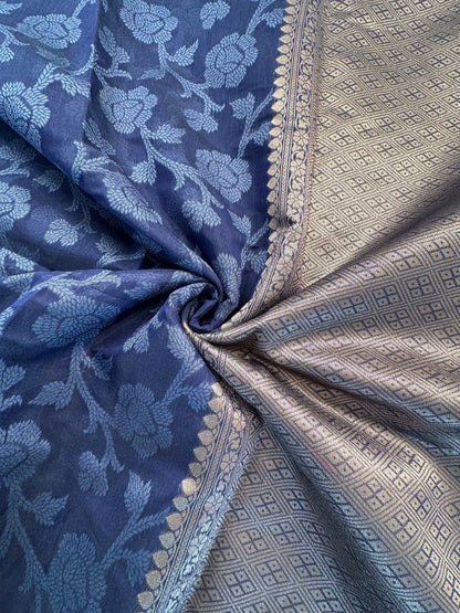 Indigo Floral Emboss Chanderi Saree