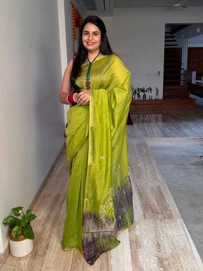 Green Drishti Chanderi Saree With Hand Work