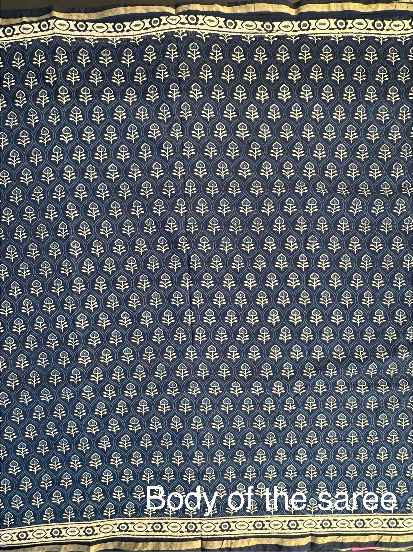 Indigo Blue Block Print Cotton Blend Saree