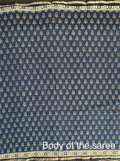 Indigo Blue Block Print Cotton Blend Saree