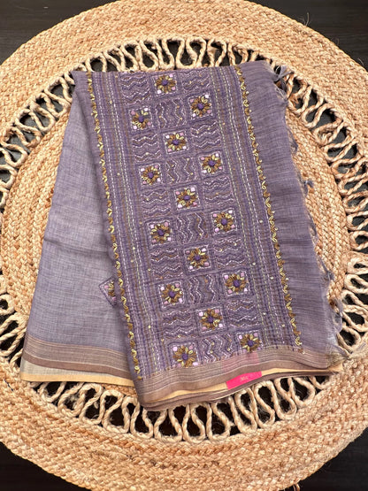 Purple Blended Cotton Saree with Hand Embroidery