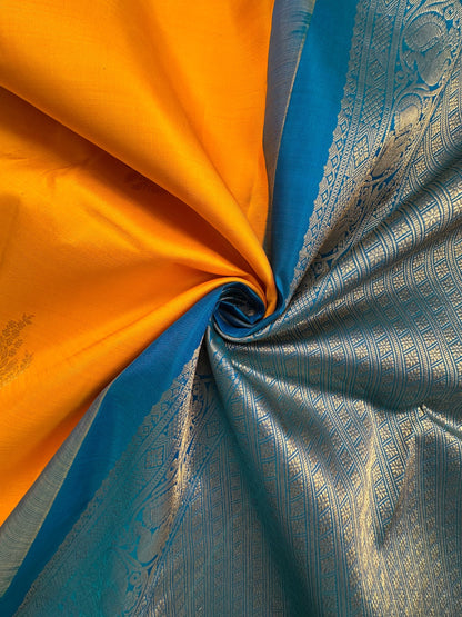 Yellow-Peacock Blue Handloom Kanjivaram Pure Silk Saree