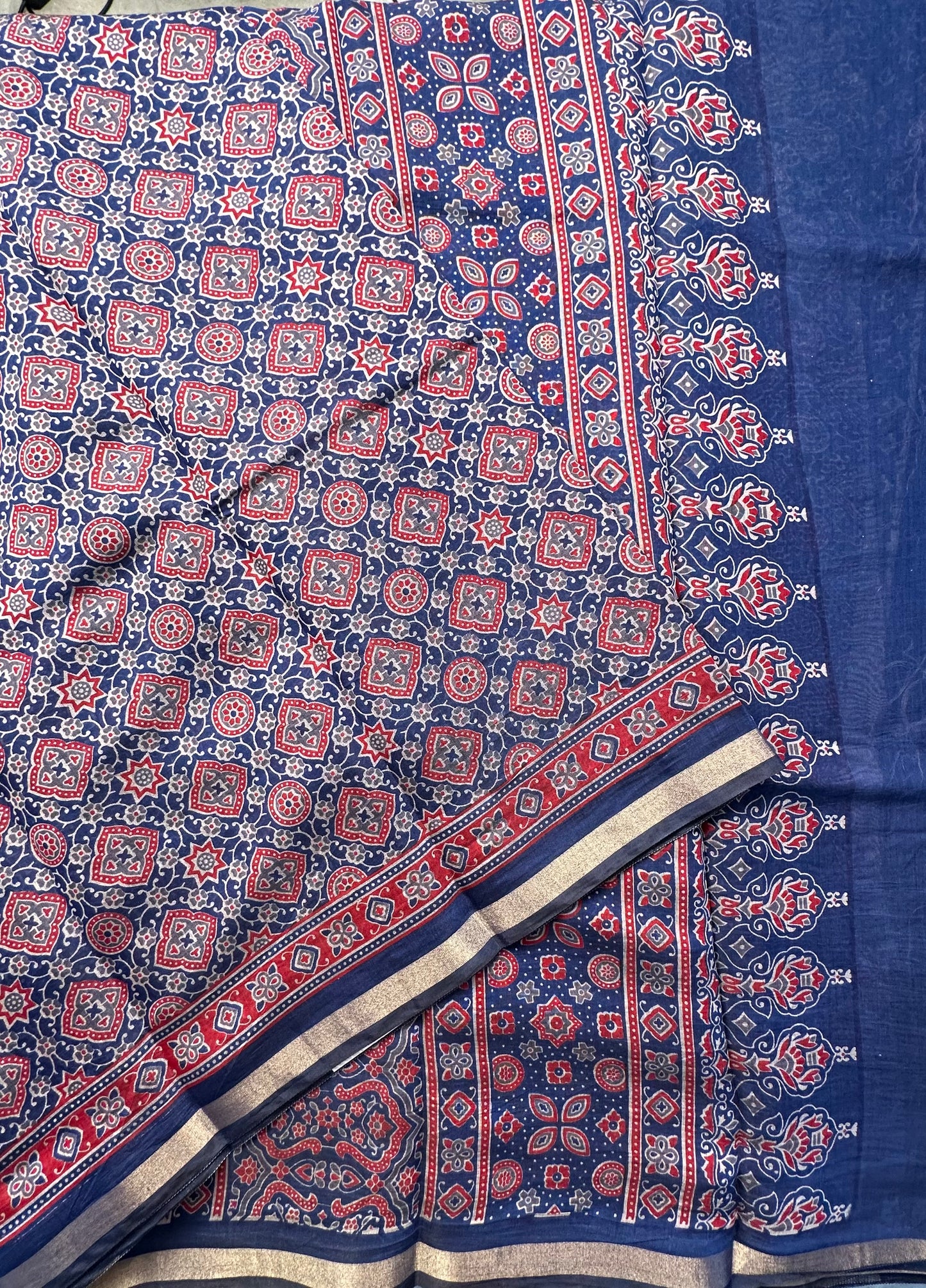 Navy Blue Ajrakh Print Cotton Blend Saree