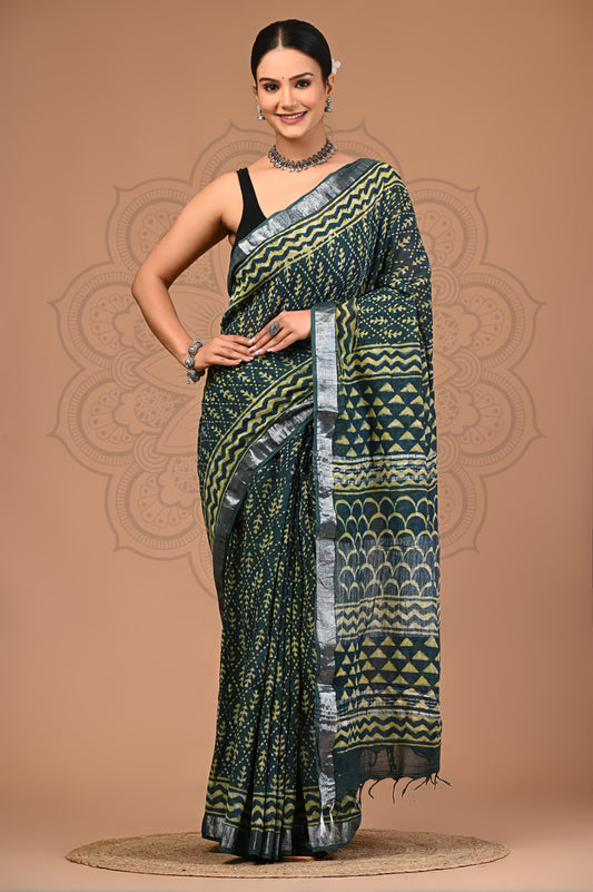 Peacock Blue Hand Block Print Linen Saree