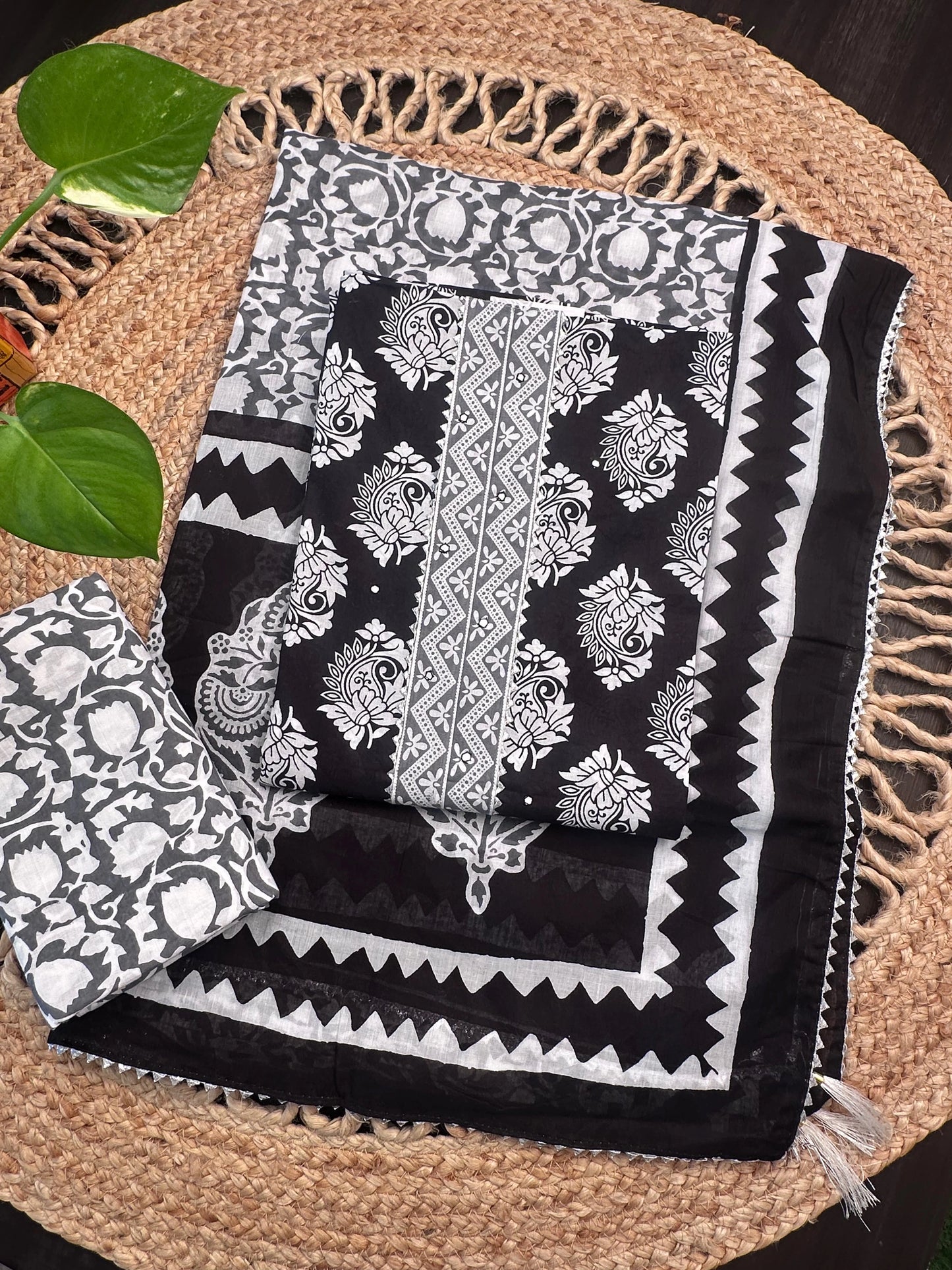 Black Jaipuri Necktie Cotton 3-Piece Suit