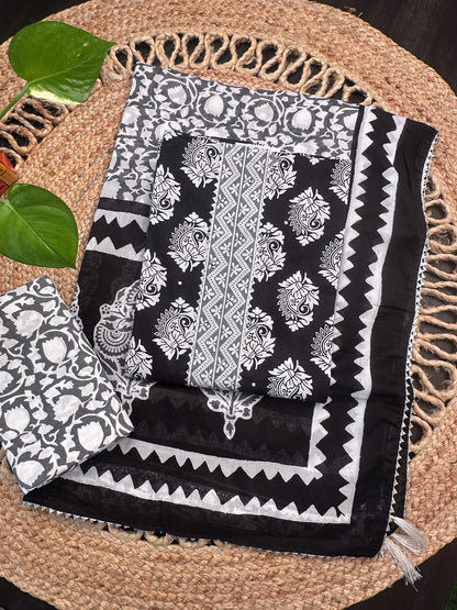 Black Jaipuri Necktie Cotton 3-Piece Suit