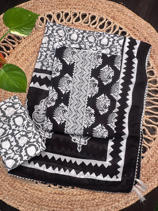Black Jaipuri Necktie Cotton 3-Piece Suit