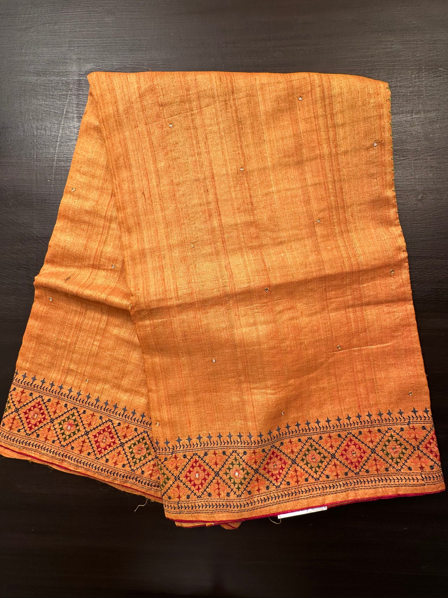 Mustard Pure Tussar Silk Saree With Embroidery