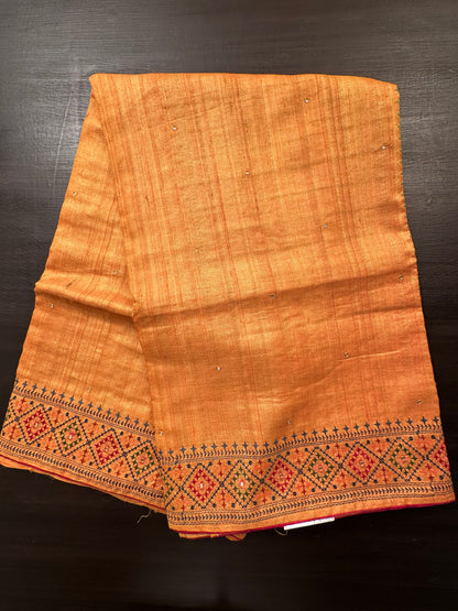 Mustard Pure Tussar Silk Saree With Embroidery