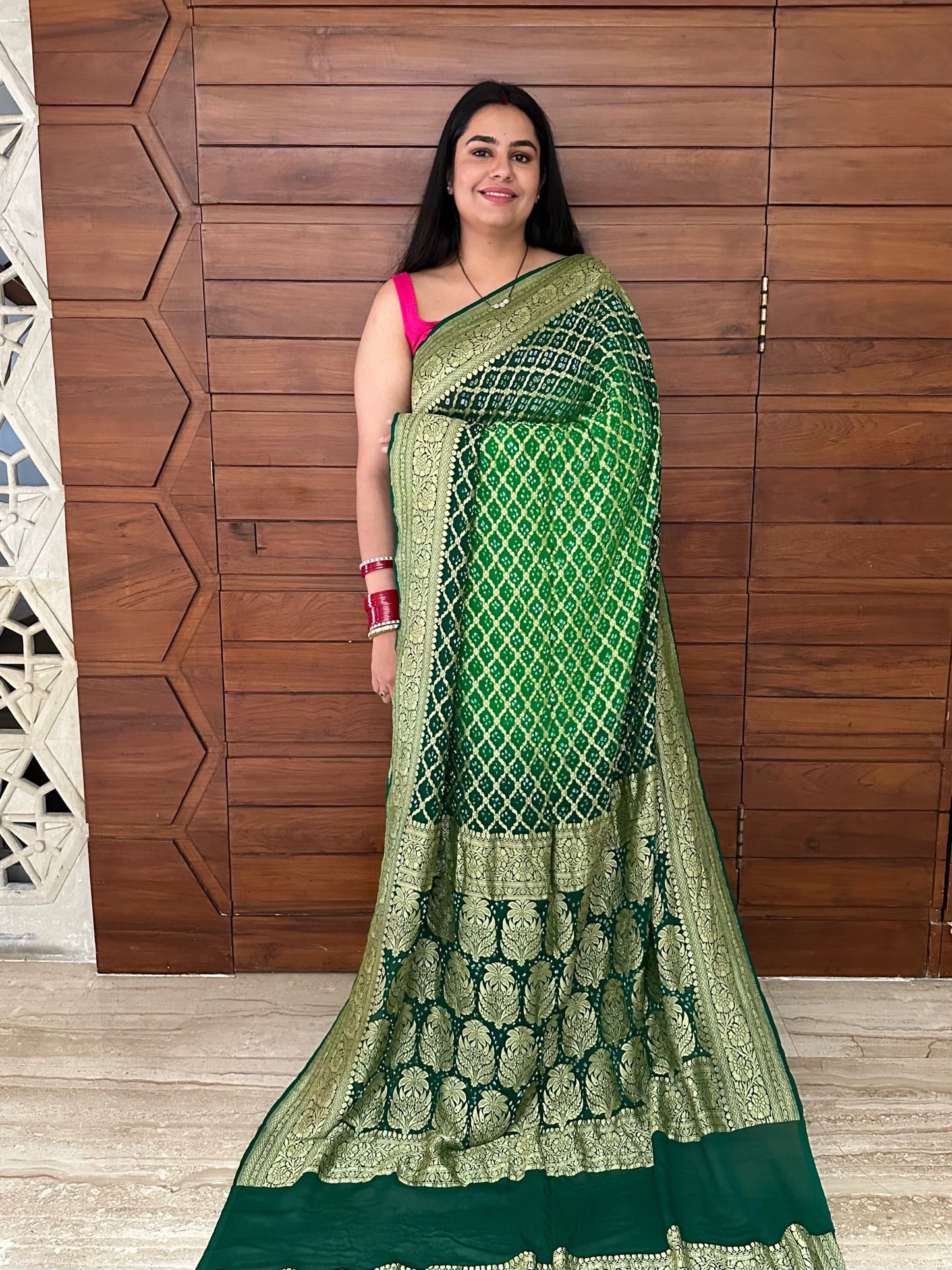 Green Gharchola Bandhej Pure Georgette Saree