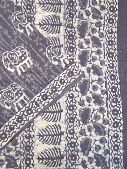 Bluish Grey Hand Block Print Pure Cotton Saree