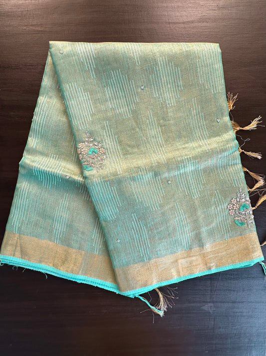 Sea Green Fancy Linen Tissue Saree with Handwork