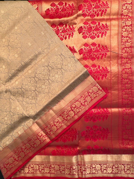 Beige-Red Handloom Kanjivaram Jamawar Pure Silk Saree