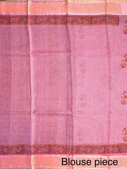 Pink Hand Block-Print Pure Kota Doria Silk Saree