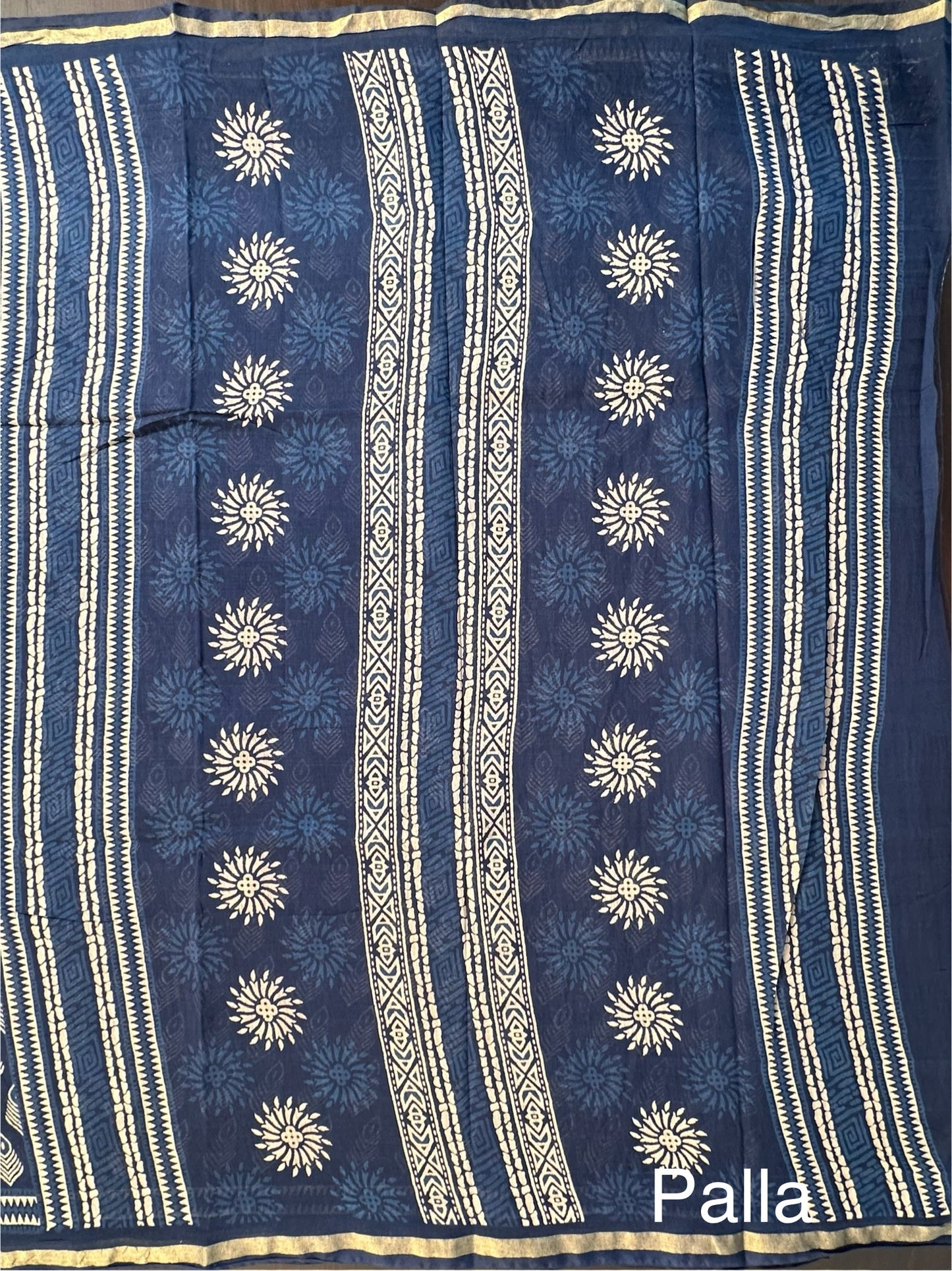 Indigo Blue Block Print Cotton Blend Saree