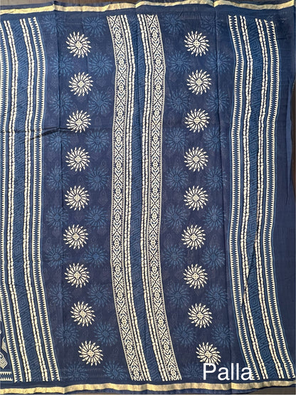 Indigo Blue Block Print Cotton Blend Saree