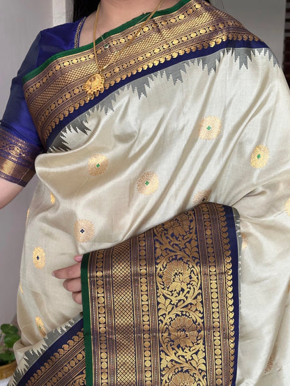 Cream-Navy Blue Gadwal Pure Silk Saree
