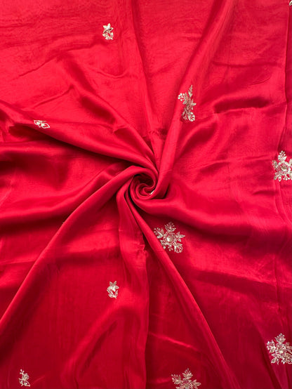 Red Artificial Crepe Saree With Hand Work