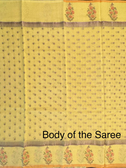 Yellow Chanderi Saree with Hand Block Print