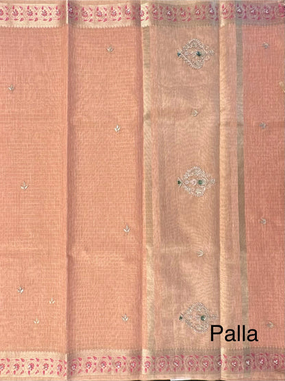 Peach Hand Work Fancy Tissue Saree