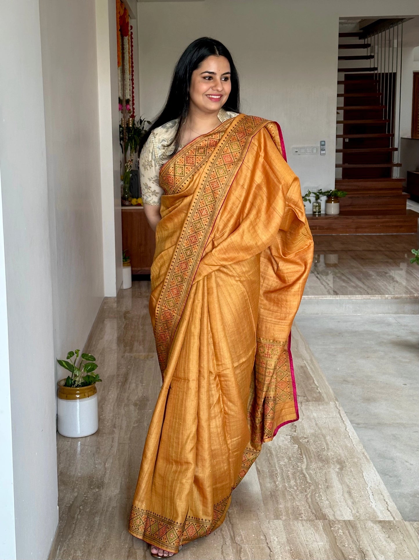 Mustard Pure Tussar Silk Saree With Embroidery