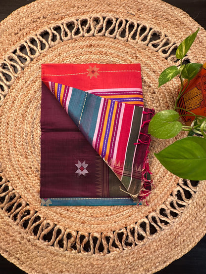 Wine-Multi Colour Assam Resham Weave Silk Saree