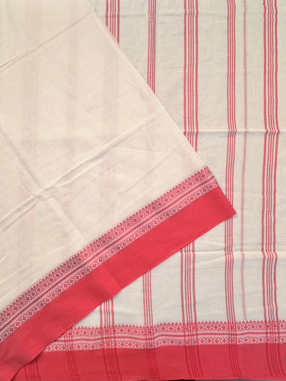 Off White-Red-Black Piku Bengal Cotton Saree