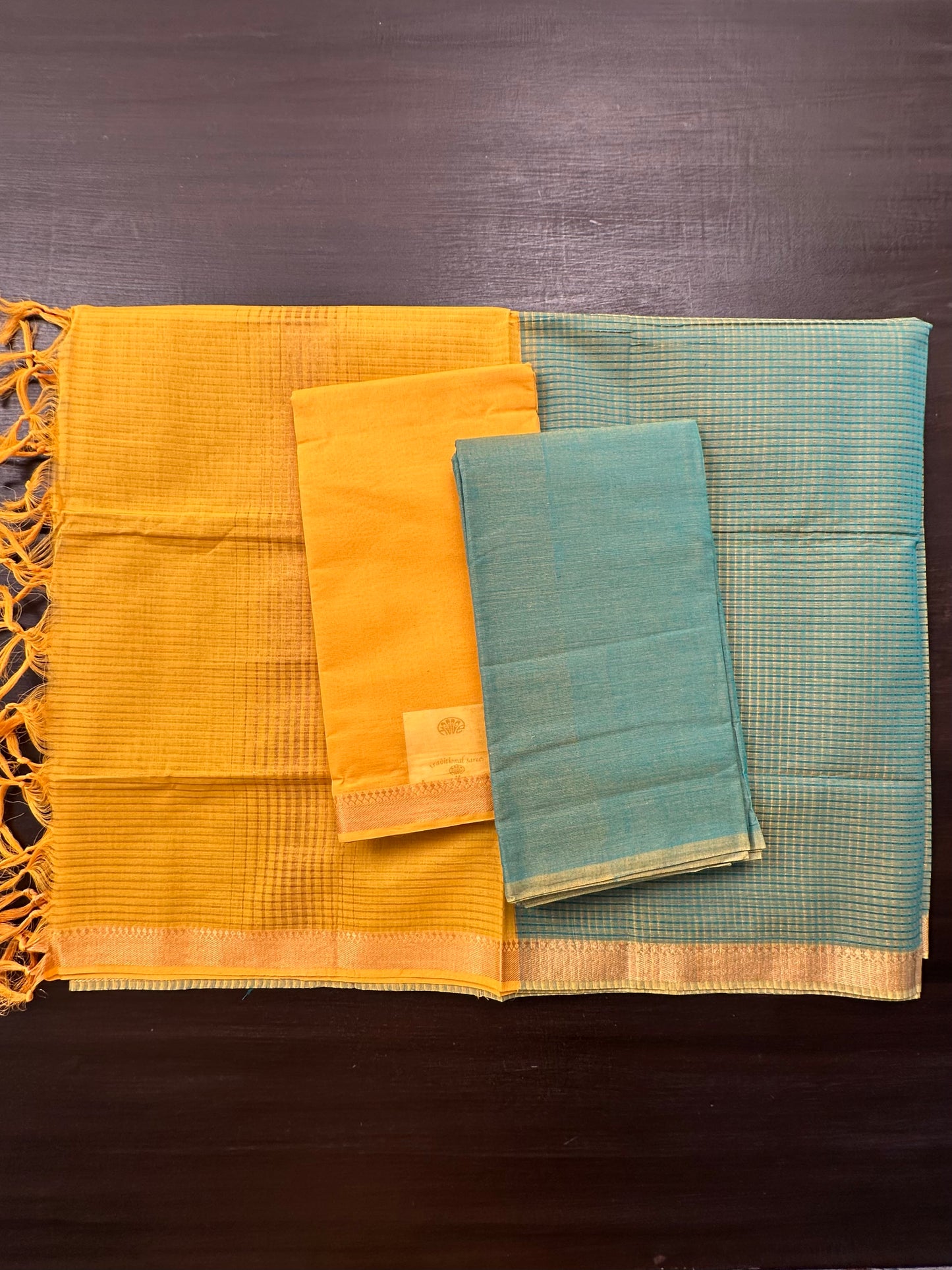 Yellow-Blue Mangalgiri Pure Cotton Unstitched 3-Piece Suit