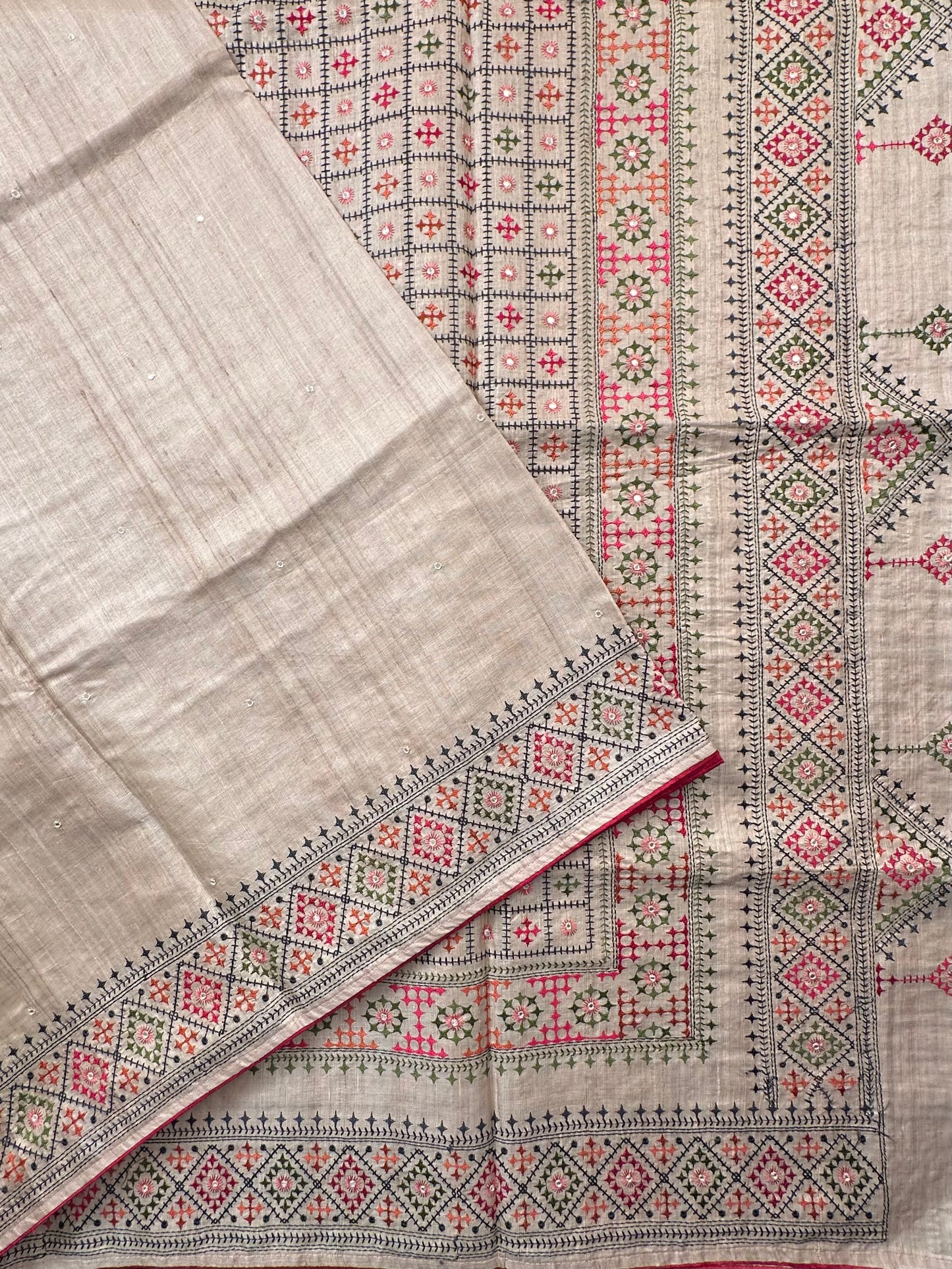 Beige Pure Tussar Silk Saree With Embroidery