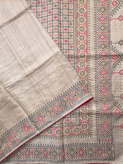Beige Pure Tussar Silk Saree With Embroidery