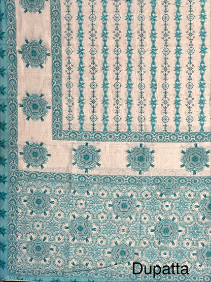 Off White-Firozi Necktie Cotton 3-Piece Suit