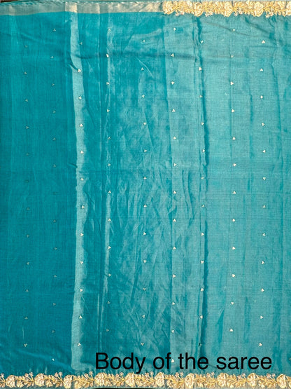Firozi Tussar-Tissue Silk Saree with Hand Work