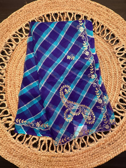 Royal Blue-Firozi Kyra Leheriya Kota Doria Pure Silk Saree With Gota Patti Work
