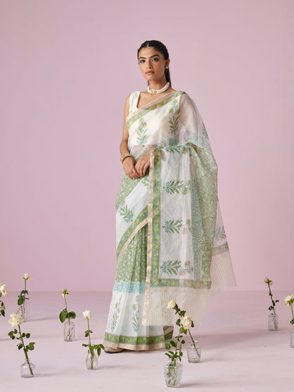 Off White- Green Block Printed Kota Doria Cotton Saree
